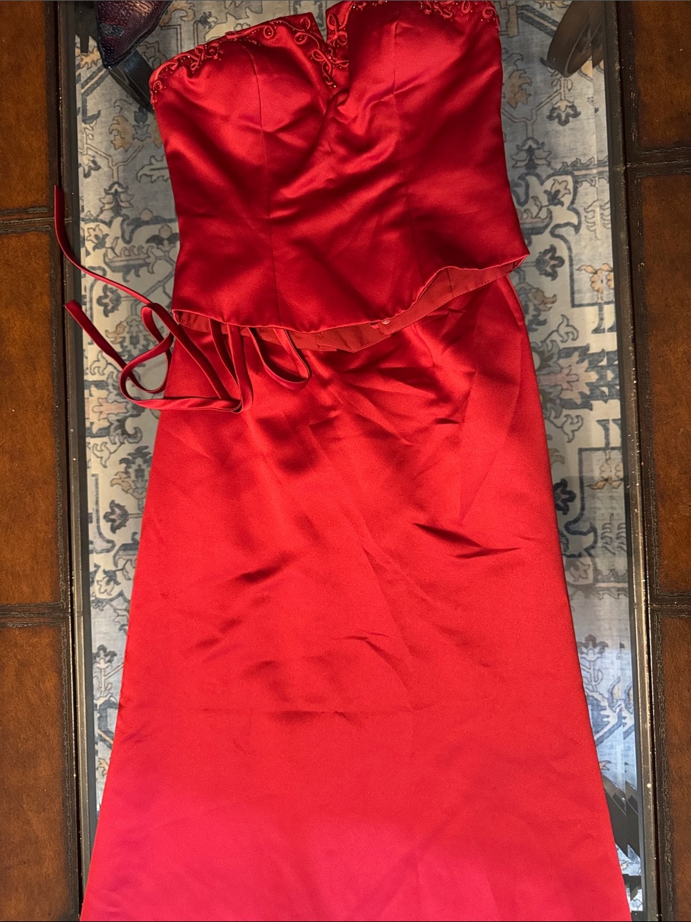 Mori Lee Strapless Red Two Piece Evening Gown